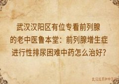 武汉汉阳区有位专看前列腺的老中医鲁本堂：前列腺增生症进行性排尿困难