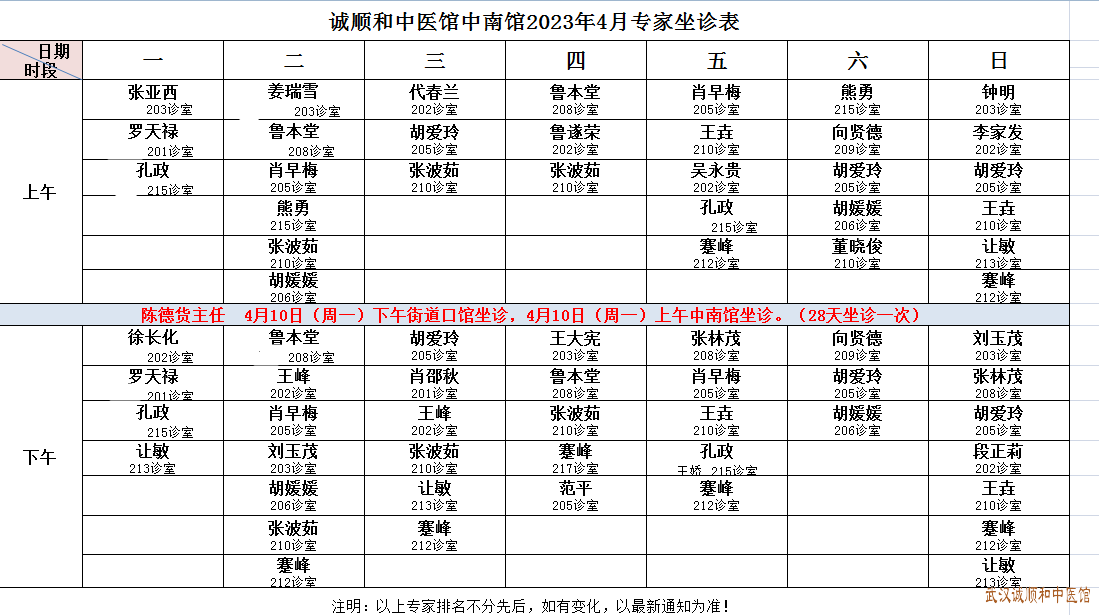 诚顺和中南馆4月医生坐诊表