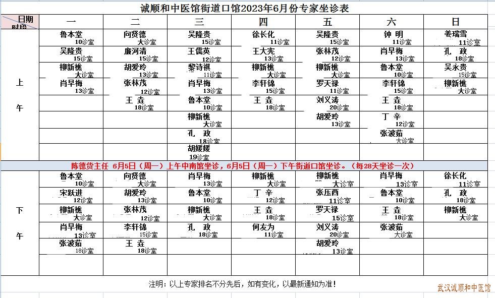 诚顺和中医馆街道口馆2023年6月份专家坐诊表