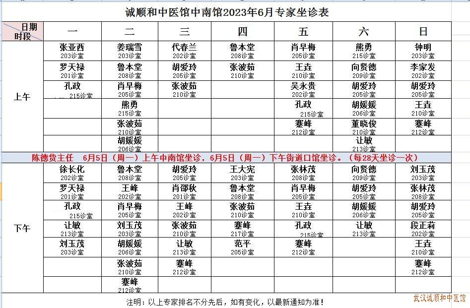 诚顺和中医馆中南馆2023年6月专家坐诊表