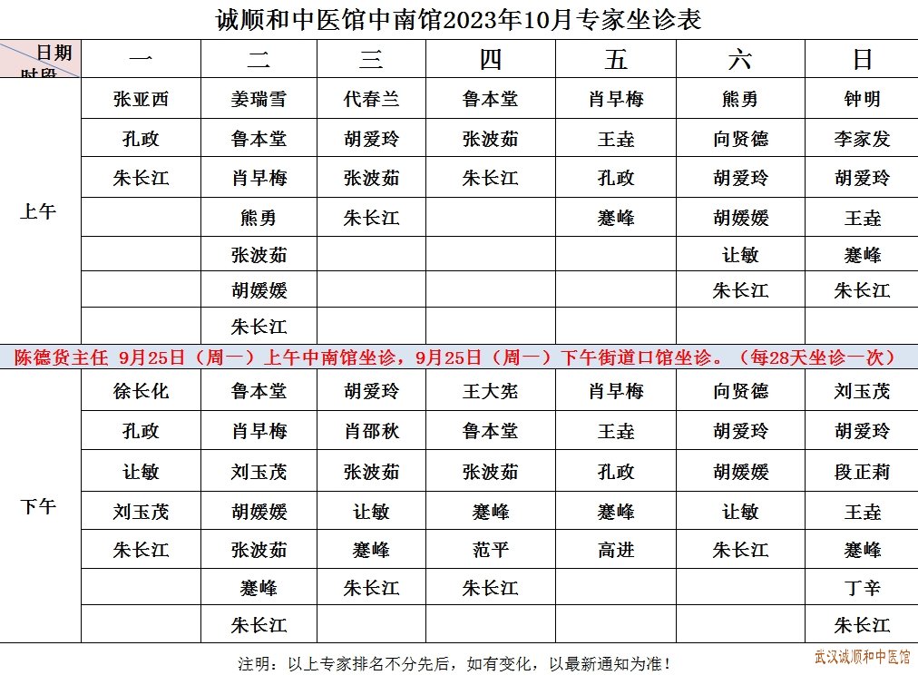 诚顺和中医馆中南馆2023年10月专家坐诊表