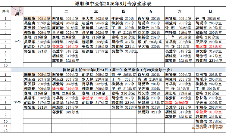诚顺和中医馆2026年8月专家坐诊表